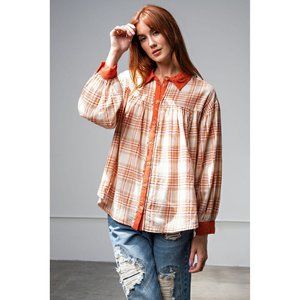 COPY - Easel Rust Plaid Print Round Bottom Hem Loose Fit Button Down Front Shirt